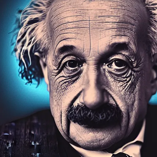 Image similar to Photo portrait of Albert Einstein in 2022, splash art, movie still, cinematic lighting, dramatic, octane render, long lens, shallow depth of field, bokeh, anamorphic lens flare, 8k, hyper detailed, 35mm film grain