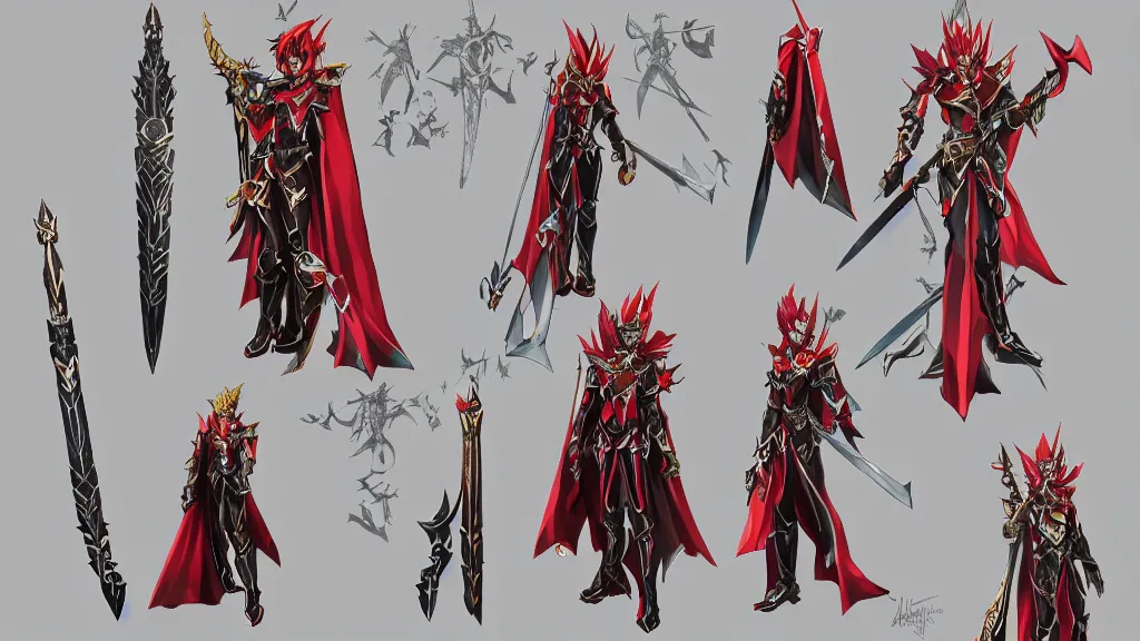 Prompt: Azure Makai Knight from Golden Knight Garo character design sheet, intricate trident weapon, red cape, trending on artstation