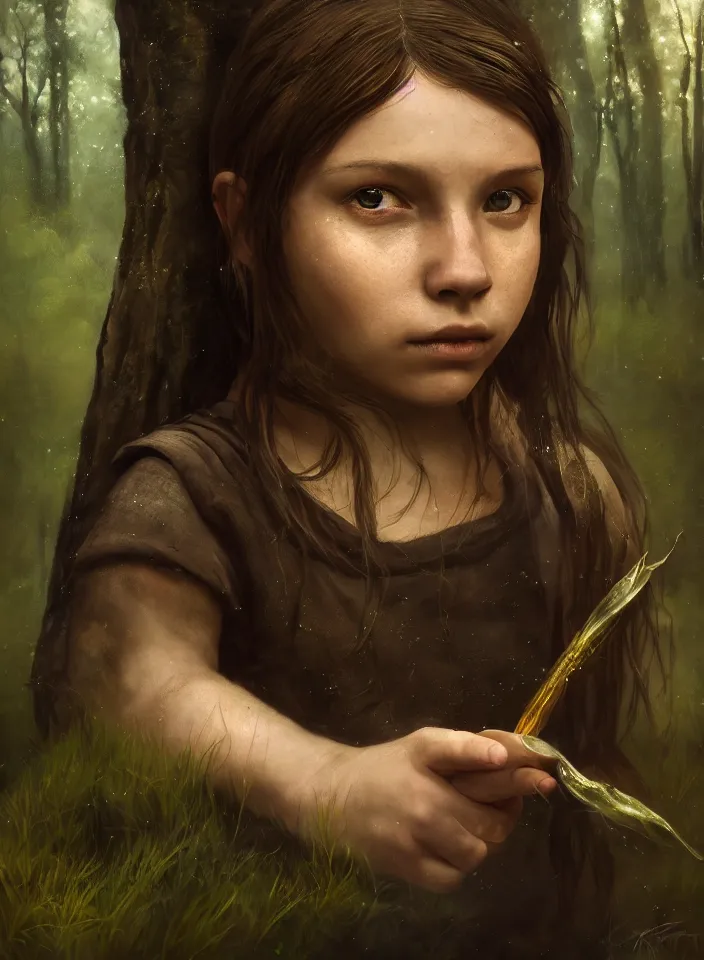 Image similar to a closeup portrait of an young girl from skyrim practicing alchemy, fantasy setting, forest environment, serene colors, soft lighting, atmospheric, cinematic, moody, in the style of diego koi, gina heyer, luiz escanuela, art by alyssa monk, depth, hyperrealism, rule of thirds, golden ratio, oil on canvas, 8 k