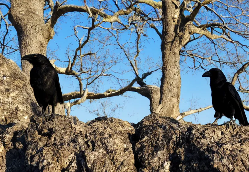 Prompt: a 4k photo of a crow with a microphone interviewing another crow, warm natural lighting, standing on rocks, under the soft shadow of a tree