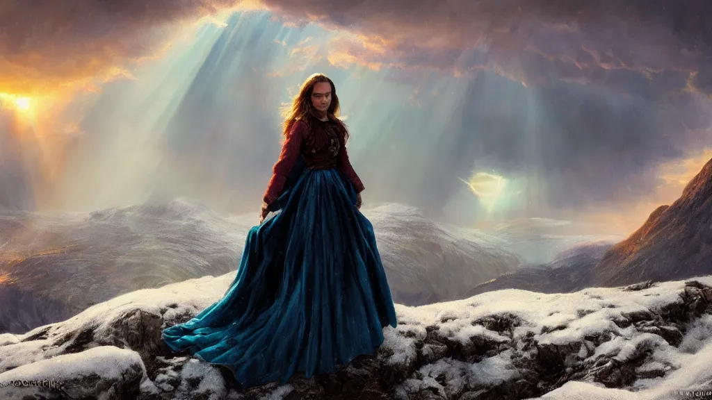 Prompt: wizard, norway fjord, natalie portman, hudson river school, max rive, royal dress, f 1 6, bokeh, gentle, female, snowy, storm clouds, god rays, close up portrait, d & d, fantasy, elegant, teal orange color palette, concept art, roger deakins and greg rutkowski and alphonse mucha