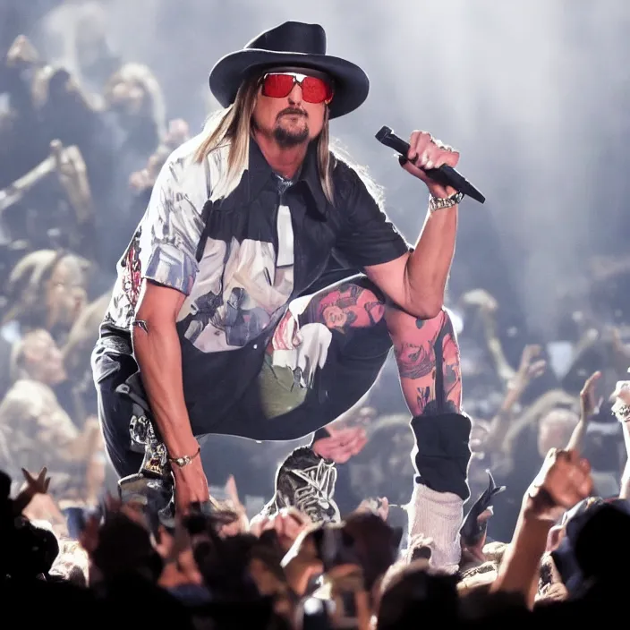 Image similar to kid rock dropping a deuce on stage realistic, movie still, 8 k,