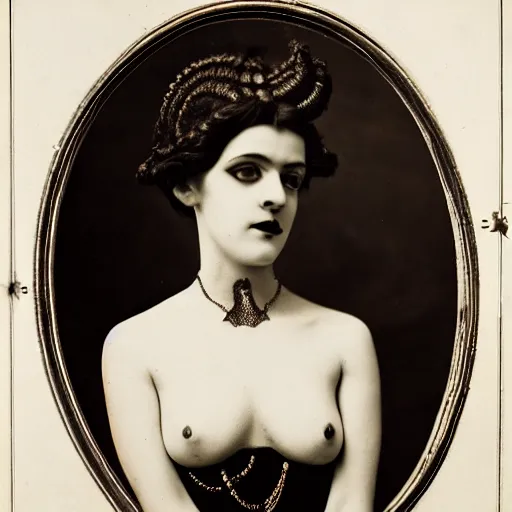 Image similar to photograph of a lilith wearing 1 8 9 0's fashion, looking at the camera, aesthetic, elaborate, intricate, highly detailed, detailed face, photorealism, smooth, sharp focus, rim light, art by man ray,