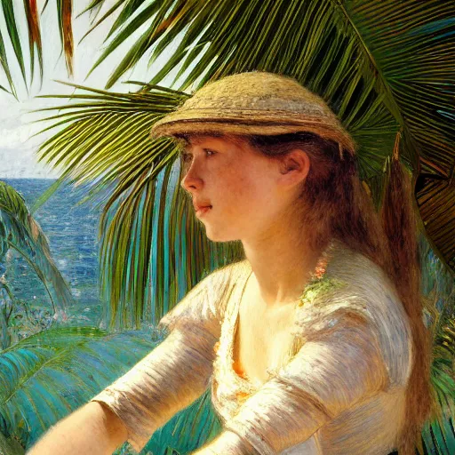 Image similar to a ultradetailed beautiful painting of a girl in the amazonas palace designed by jules bastien - lepage, hans belmer, frank weston and gustave baumann, beach, trending on artstation, mediterranean, palm trees, light sparkles, sharp focus, soft light, 8 k 4 k