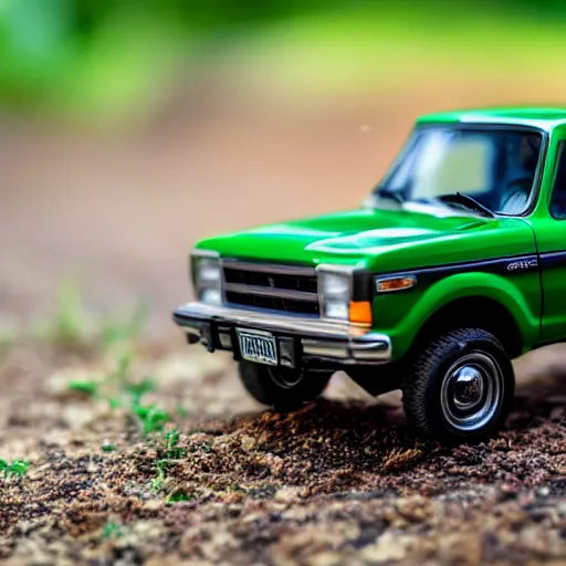 Image similar to a photo of a tiny ford truck ranger 1 9 8 0 on a green leaf, natural sunlight, outdoors, highly detailed macro photography, shallow depth of field, full shot