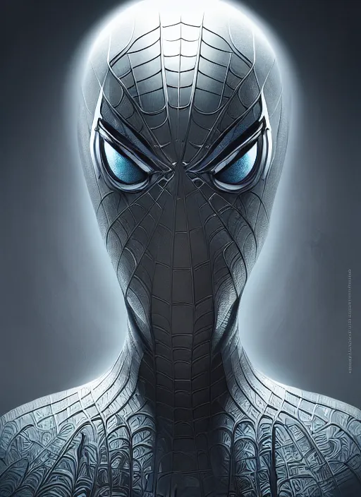 Image similar to portrait of futuristic spiderman knight cyborg, dark art, modern fine art, fractal, intricate, elegant, highly detailed, digital photography, subsurface scattering, by jheronimus bosch and frank miller and greg rutkowski,