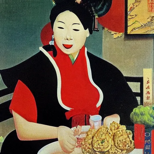 Image similar to happy chinese woman eating icecream in a painting by max ernst