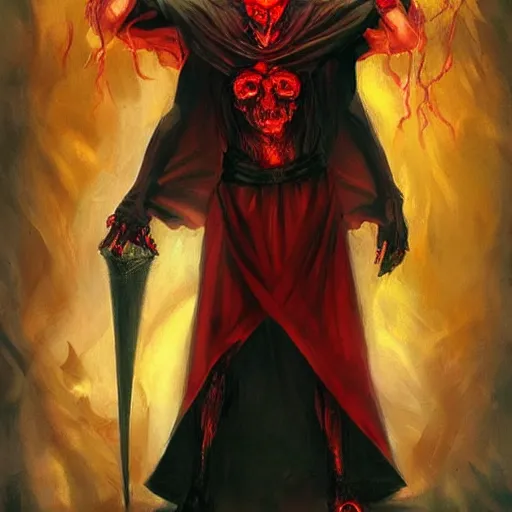 Image similar to d & d painting portrait necromancer man with bald head, red eyes, pallid skin, long flowing black and red robes. in style of larry elmore