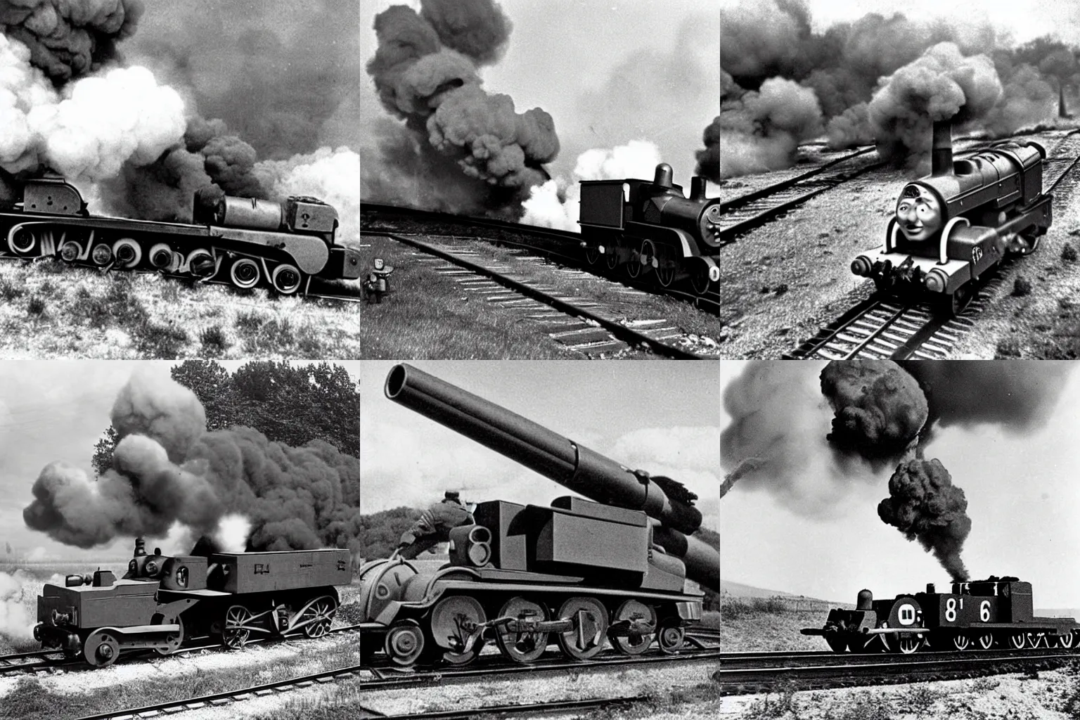 Prompt: WW2 era photograph of Thomas-tank-engine as 800mm German rail artillery Dora firing off a shot