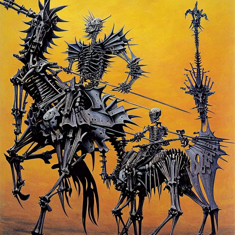 Prompt: Very vibrant art. A spiked detailed horse skeleton with armored joints stands in a large throne room with halberd in hand. Massive shoulderplates. Extremely high details, realistic, fantasy art, solo, masterpiece, bones, ripped flesh, colorful art by Zdzisław Beksiński, Arthur Rackham, Dariusz Zawadzki, Harry Clarke