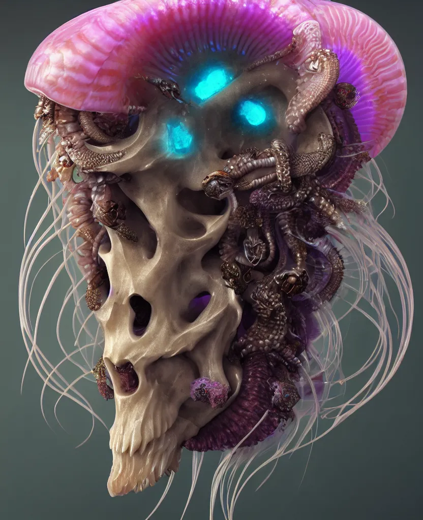 Image similar to goddess princess beautiful face close-up portrait ram skull. jellyfish phoenix head, nautilus, orchid, skull, betta fish, bioluminiscent creatures, intricate artwork by Tooth Wu and wlop and beeple. octane render, trending on artstation, greg rutkowski very coherent symmetrical artwork. cinematic, hyper realism, high detail, octane render, 8k