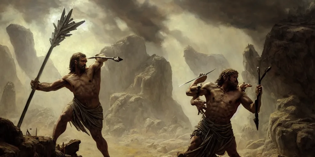 Image similar to realistic mixed media painting of biblical Cain stabbing Abel with a lance, in front of a primitive stone altar with white smoke ascending, rugged, style of Frazetta + facial symmetry + dim volumetric lighting, 8k octane beautifully detailed render, post-processing, intricate, epic composition, grim yet sparkling atmosphere, cinematic lighting + masterpiece, trending on artstation, very detailed, masterpiece, stunning