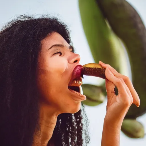 Prompt: close up photography of a woman that is about to bite into a banana but she just didnt do it yet, profile, close camera