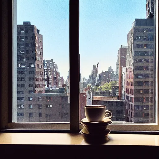 Prompt: “ a girl holding a cup of coffee looking out a window overlooking the east village in new york city, morning light, by hayao miyazaki ”