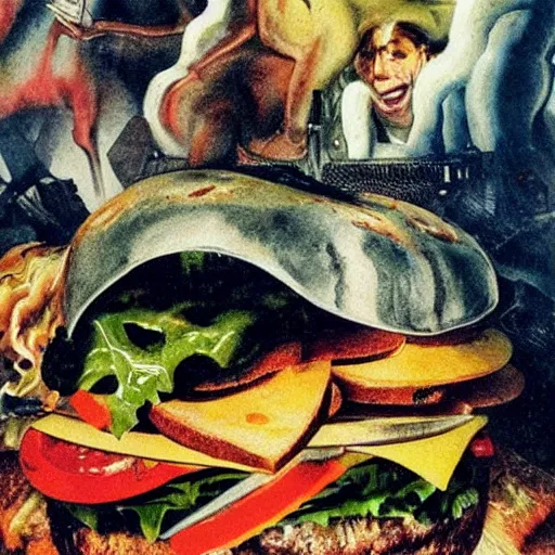 Prompt: hamburger valhalla by otto dix, hyperrealistic, aesthetic, masterpiece
