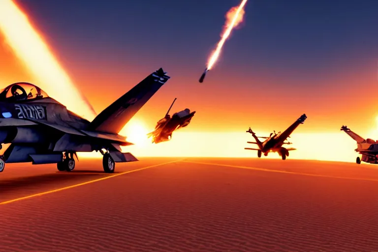 Prompt: a gritty hyperdetailed photorealistic f - 1 8 hornet ground attack aircraft shooting a missile at a small group of vehicles in the desert, volumemetric lighting, cinematic framing, cinematatic lighting, cinematic shadows, in the style of top gun maverick