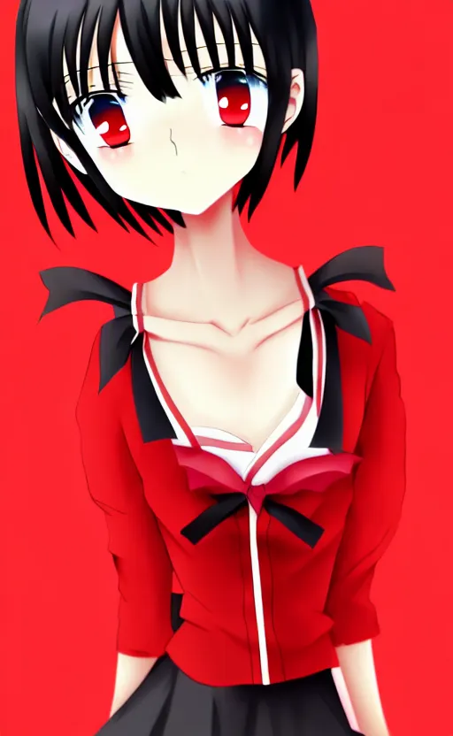 Image similar to anime girl with a detailed face and black hair in a red outfit, full body, trending, blank space at the top, illustration