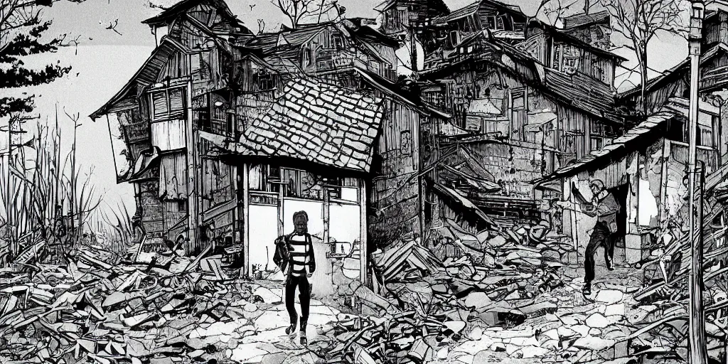 Image similar to beautiful tense illustration of an apocalyptic scene, a man sneaking through an abandoned rural modern village, stephen king atmosphere, 1 9 8 0 s japanese illustrator art, award winning