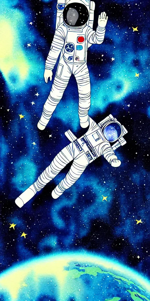 Prompt: oriental water color of a female astronaut, floating through the void of space, stars are spread out, anime movie, highly detailed