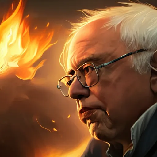 Image similar to portrait of bernie sanders burning money, league of legends amazing splashscreen artwork, splash art, natural light, elegant, photorealistic facial features, intricate, fantasy, detailed face, atmospheric lighting, anamorphic lens flare, cinematic lighting, league of legends splash art, hd wallpaper, ultra high details by greg rutkowski