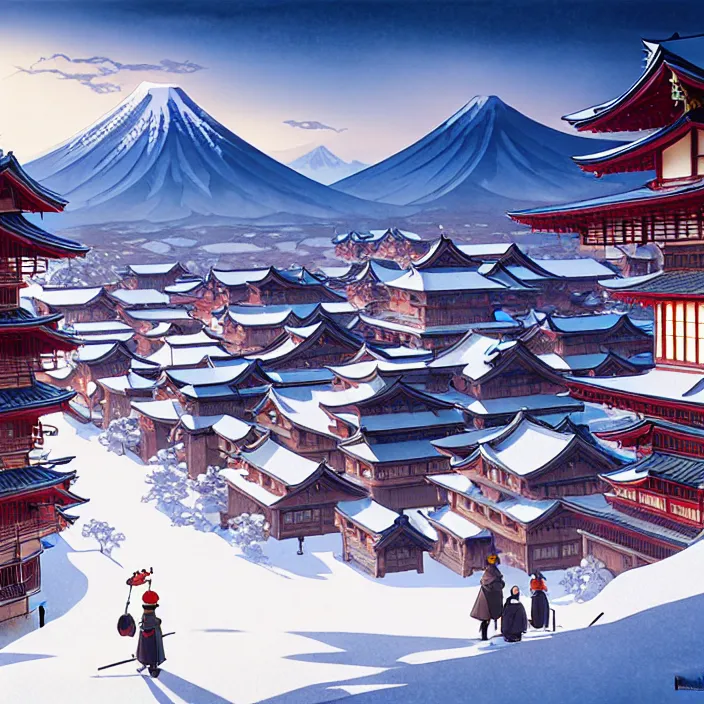 Image similar to empty japanese mountain city, winter, in the style of studio ghibli, j. c. leyendecker, greg rutkowski, artem