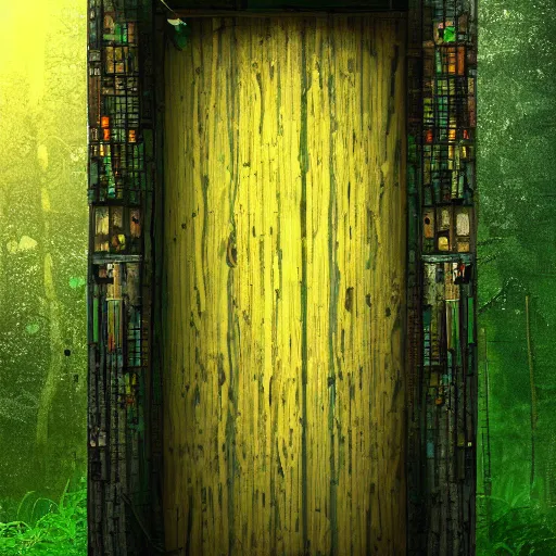 Prompt: a wooden cyberpunk door in a Green fairy forest