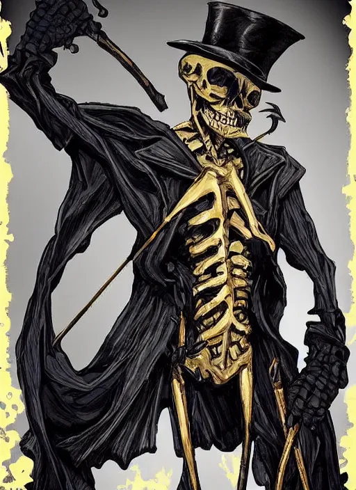 Image similar to DND character art, skeletal male figure, wearing a deep black suit!!! and tie and top hat, holding a gold! cane!. blue!!! flames!!