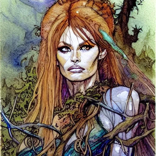 Image similar to a realistic and atmospheric watercolour fantasy character concept art portrait of brigitte bardot in her 2 0 s as a druidic warrior wizard looking at the camera with an intelligent gaze by rebecca guay, michael kaluta, charles vess and jean moebius giraud