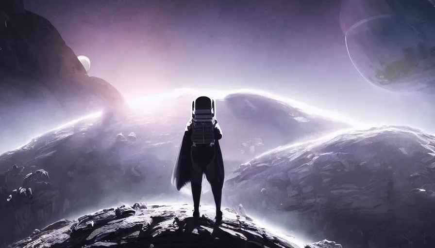 Image similar to A dark astronaut with a dark cape walking on a extremely mountainous alien planet with a big planet with rings in the sky, concept art, trending on DeviantArt, digital art, highly detailed, high quality, 4k, beautiful landscape, calm