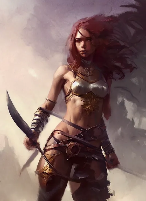 Image similar to hyper realistic warrior girl with sword in her hand, full body, rule of thirds, human proportion, good anatomy, beautiful face, conceptart, saturated colors, cinematic, vallejo, frazetta, greg rutkowski, trending on artstation