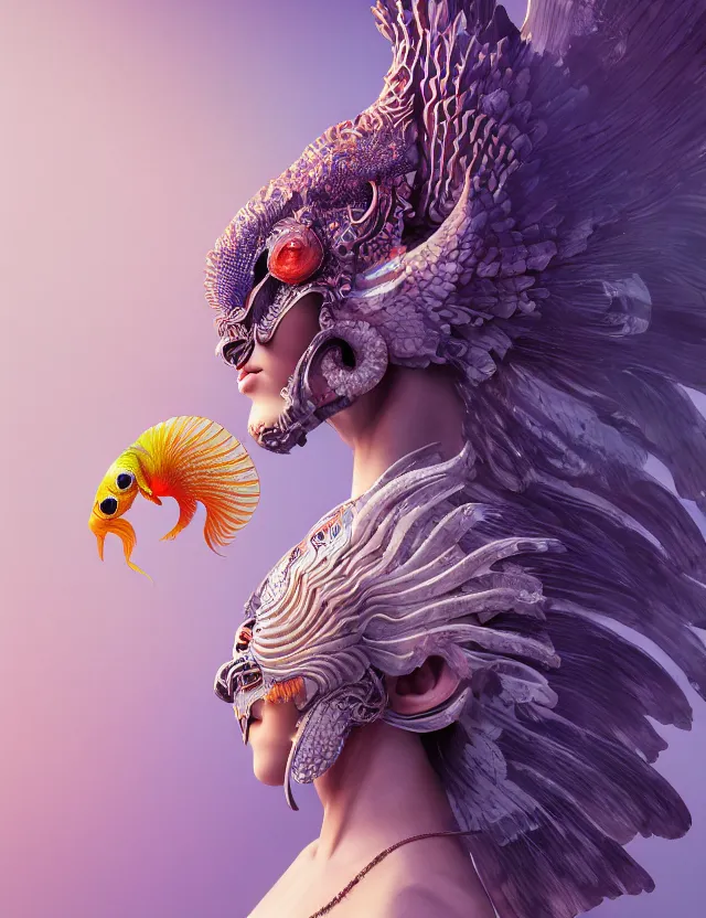 Image similar to 3 d goddess in robe close - up profile portrait with ram skull. beautiful intricately detailed japanese crow kitsune mask and clasical japanese kimono. betta fish, jellyfish phoenix, bio luminescent, plasma, ice, water, wind, creature, artwork by tooth wu and wlop and beeple and greg rutkowski