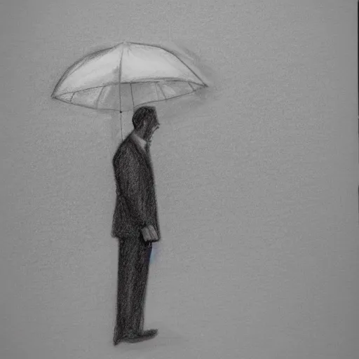 Image similar to a drawn man standing in the rain. pencil sketch.