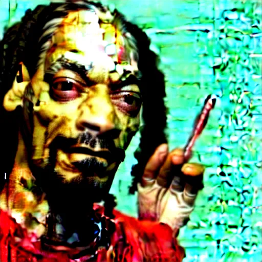 Image similar to Snoop Dog with big eyes eye color red , smiling and holding a joint in his hand