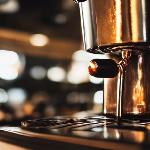 Prompt: close up realistic detailed photo of a fancy espresso machine in a cozy coffee shop, hdr, depth of field, chrome, reflections, volumetric lighting, copper, black, overcast, diffuse light