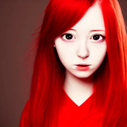 Image similar to anime girl with red hair, confused facial expression, in red dress, portrait, by sakimichan