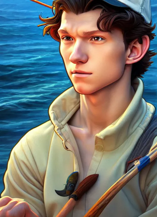 Image similar to cute fisherman tom holland, natural lighting, path traced, highly detailed, high quality, digital painting, by don bluth and ross tran and studio ghibli and alphonse mucha, artgerm