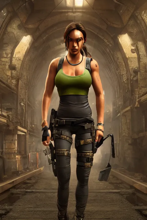 Image similar to lara croft wearing body tight attire that shows off her figure, bulging chest, subway train interior backround, highly detailed, wide shot, intricate, fearful, mystical, sharp focus, Trending on Artstation HQ, deviantart, unreal engine 5, 4K UHD image