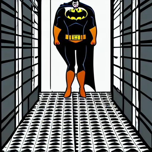 Prompt: low dutch angle shot of constipated batman sitting on a toilet with pants down, sweating, tiny room with dirty wall tiles, comic digital art, by tony daniel, super detailed, 4 k, artistic