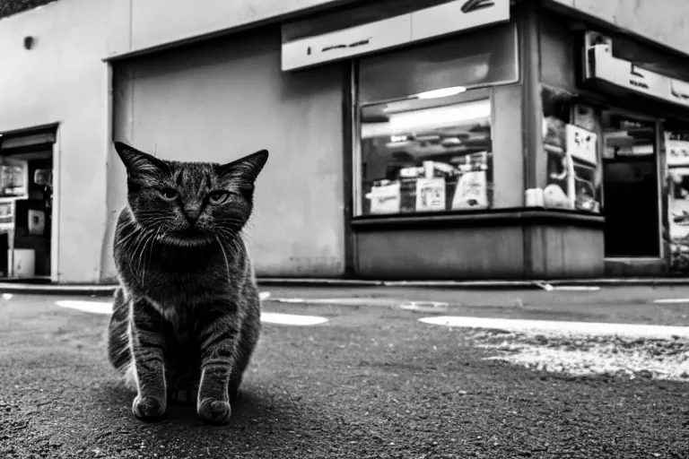 Image similar to cat smoking a cigarette in 7 - eleven wide angle lens