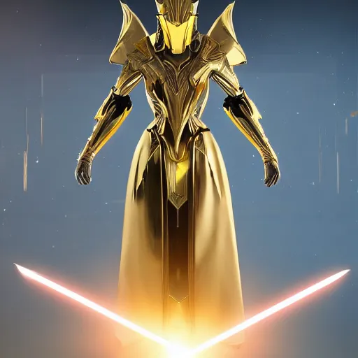 Image similar to cinematic, hyperdetailed elegant beautiful stunning futuristic and enigmatic oracle in jedi clothes gold armored regal gold sunray shaped crown, warframe, destiny, octane, unreal engine 5, fortnie