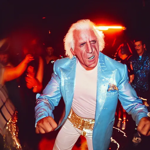 Prompt: long exposure photography of Ric Flair dancing in a party in a disco full of people