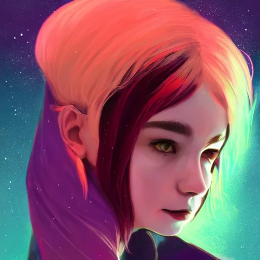 Image similar to a nonbinary changeling with a cloak of stars, aurora colored hair, curious expression, character art, trending on artstation, artgerm, 4k ultra hd, sharp focus, digital art by Ilya Kuvshinov and Ross Tran,