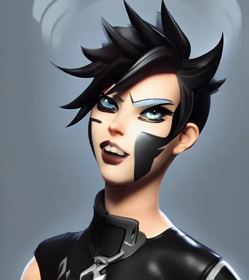 Image similar to tracer from overwatch, wearing black lipstick and black eyeliner, goth outfit, black hair, 4 k, detailed face, smirky expression, detailed face, focus on eyes, blur,