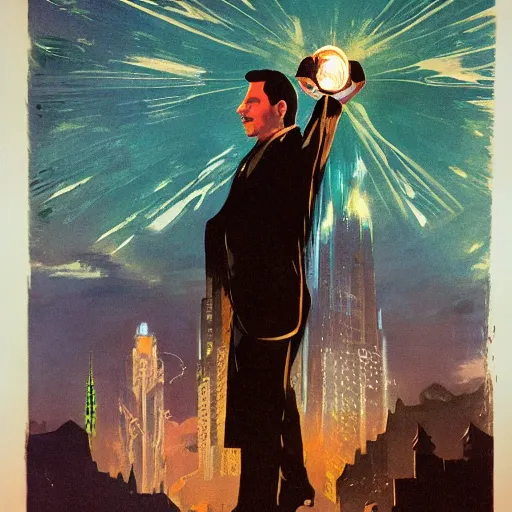 Prompt: bioshock disco king john travolta atop the elevator brandishing a radiant lightning orb pastel bold marker sharpie tombow winslow homer craig j. spearing thomas eakins greg rutkowski alexandre benois giotto maximilian pirner