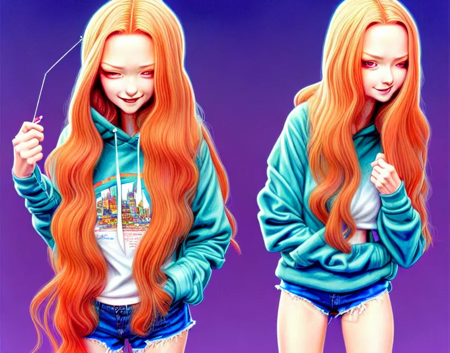 Prompt: richly detailed colored pencil 3D illustration of a beautiful polish woman with long metallic hair wearing a hoodie and short shorts that is evil and happy. mirrored background with completely rendered reflections, art by Range Murata and Artgerm.