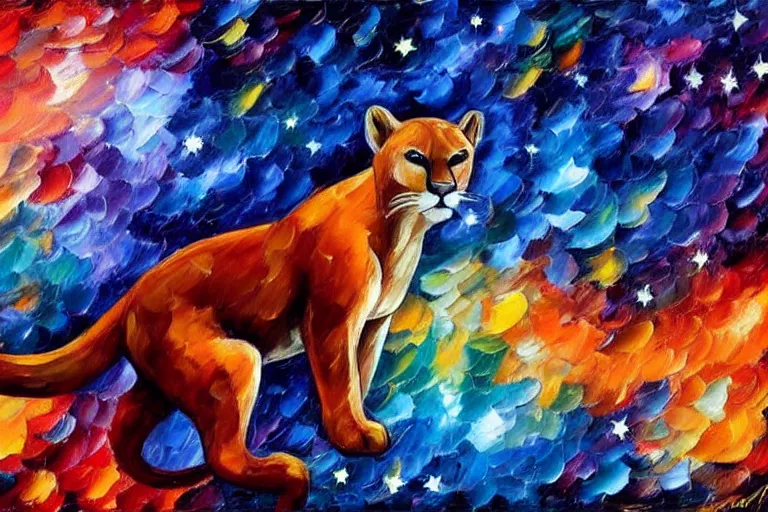 Prompt: the night sky, stars forming the shape of a cougar, dull colours, sky focus, night time, trending on artstation, artwork by leonid afremov