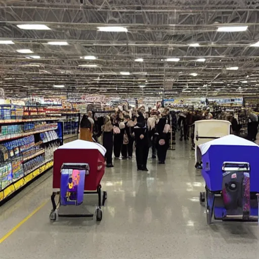 Image similar to A funeral inside a Walmart, dramatic photo