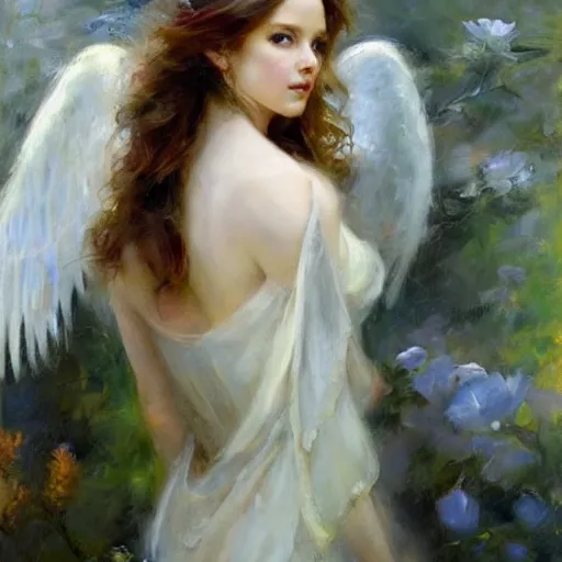 Image similar to beautiful portrait of an angel with beautiful face and her huge white wings spread out gracefully, painted by daniel gerhartz, highly detailed, beautiful warm illumination, graceful and elegant, ethereal