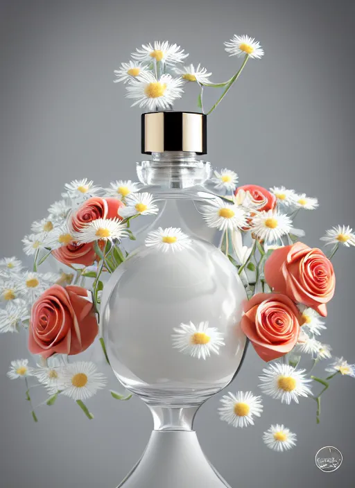 Image similar to perfume bottle standing in a miniature biomechanical white enchanted coral kingdom daisies, roses in an ivory room well contoured smooth fair walls, up close shot, sharp focus, global illumination, radiant light, alexandre ferra white mecha, irakli nadar, octane highly render, 4 k, ultra hd,