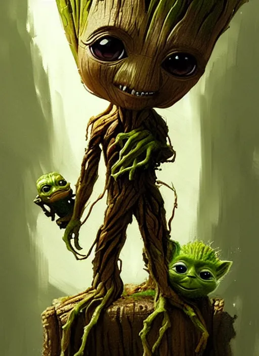 Image similar to very detailed masterpiece painting of groot holding yoda, portrait, artstation, concept art by greg rutkowski